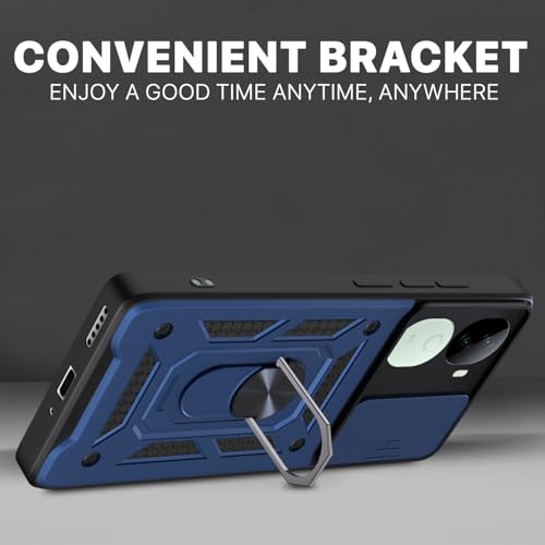 Image of Pikkme Back Cover for Vivo V40e 5G / iQOO Z9s 5G | 360 Protection Case | Sliding Camera Shield Cover & Ring Holder Stand D10 Tough Armor Bumper Case (Blue)