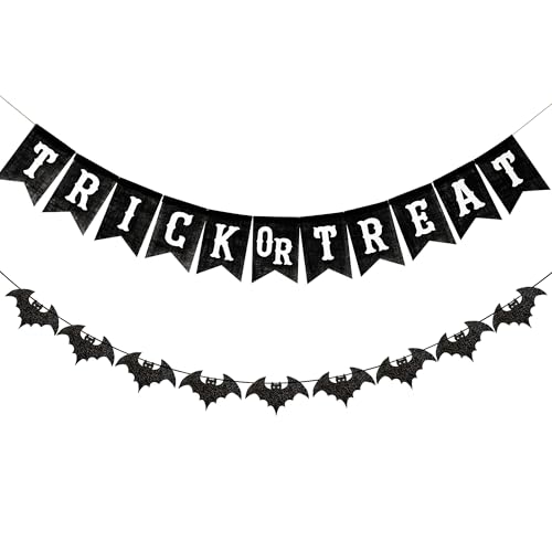 BCCSNNM Black Trick or Treat Burlap Banner with Glitter Bat Garland