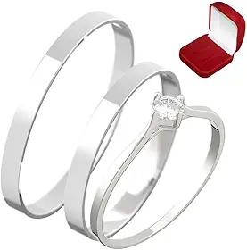 Alianças Italianas Par Aço Inox Prata Namoro Compromisso com Caixa de Veludo e Anel Solitário Bella Bijoux Deluxe