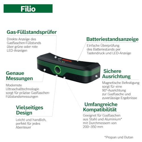 Bosch Filio Gas-Füllstandsprüfer (Ultraschalltechnologie, kompatibel mit 200–350 mm Stahl- und Aluminium-Gasflaschen, LED-Anzeige… – Ansicht 3