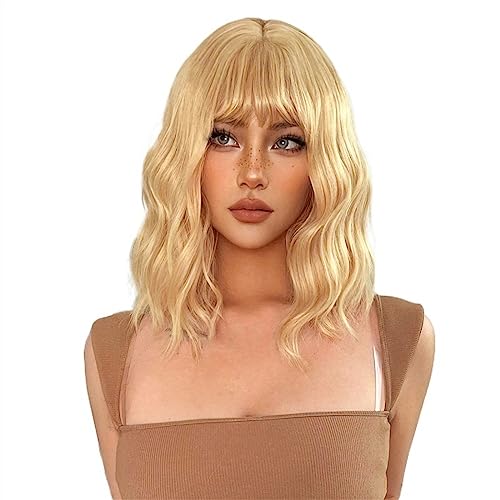 Faux cheveux blond doré ondulés 14 pouces pour masquer une coupe ratée avec frange