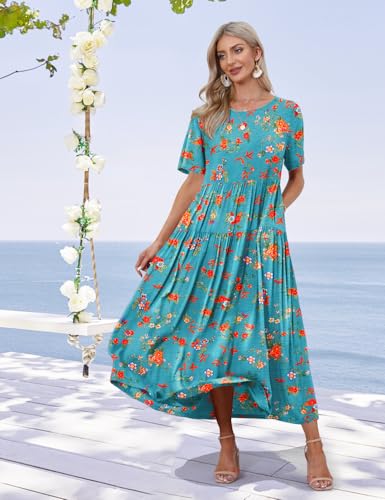 Image of YESNO Women Casual Loose Bohemian Floral Dress with Pockets Short Sleeve Long Maxi Summer Beach Swing Dress EJF