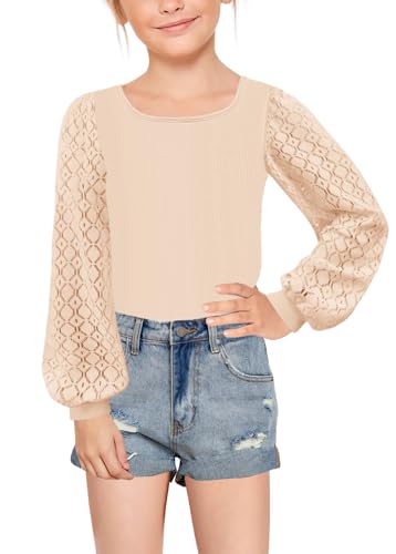 Image of Geckatte Girls Long Sleeve Shirts Square Neck Ribbed Blouse Lace Tops
