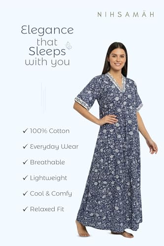 Image of NIHSAMAH Cotton Nighty for Women - Embroidered & Printed Stylish Night Gown, Comfortable Sleepwear Long Nightwear, Maxi