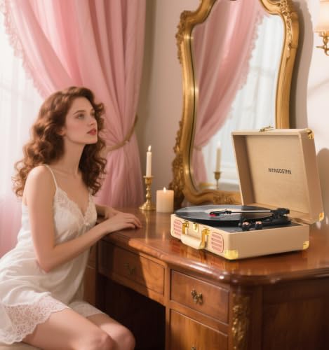 Image of Bluetooth Record Player, 3-Speed Belt Drive Turntable Gold | Portable Suitcase Bass and Treble Adjustment Headphone Jack