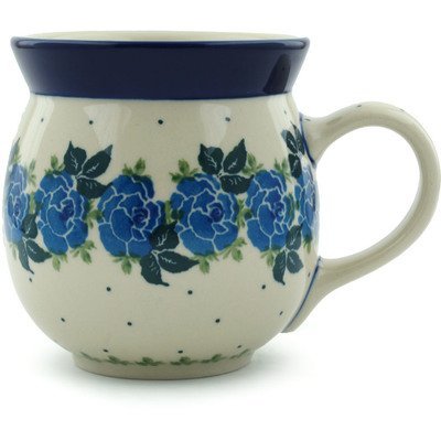 Polmedia Polish Pottery Bubble Mug 16 oz - Blue Rose Pattern Handmade in Boleslawiec Poland by Ceramika Artystyczna + Certificate of Authenticity