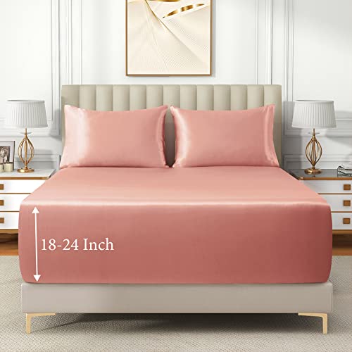 Vacvelt 3Pcs Extra Deep Pocket Satin Fitted Sheet Set Queen Bed Set, Rose Gold Bottom Sheet Fit 18-24 Inch Deep Pocket Mattress, Silky Bedding Set Soft & Ultra Deep Fitted Sheet & 2 Pillowcase #TOP1