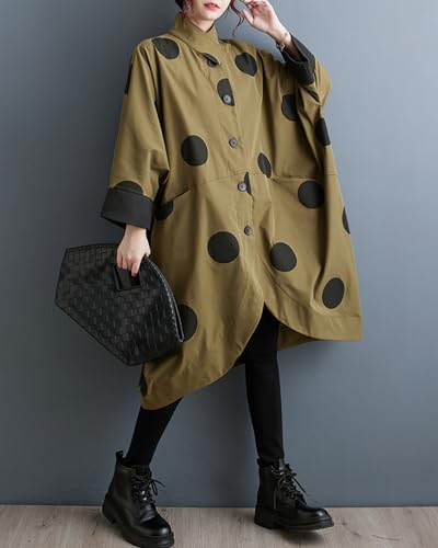 ellazhu Women's Casual Vintage Batwing Polk Dots Trench Coat Irregular Hem Outerwear GZ423