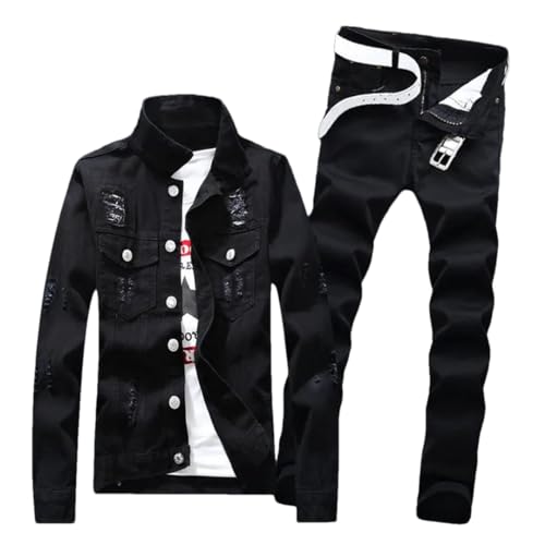 Men's Denim Jacket Pants 2Pcs Set Single Breasted Holes Casual Coat Trousers Fashion Suit2