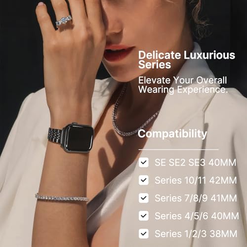 Image of Fullmosa Slim Metal Band for Apple Watch 42(S10 /11) 41 40 38mm, Black | Steel Replacement Strap for iWatch SE 3 /2 /1 Series 9 /8 /7 /6 /5 /4 /3 2 /1 Women (NO WATCH)