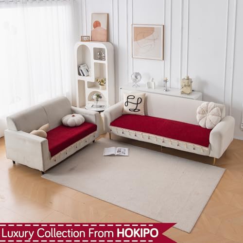 Image of HOKIPO 'Serenity Tassel' Chenille Sofa Cover 3 Seater and 2 Seater with Tassels | Crimson Ruby (IN-891 + IN-892 - MRN)