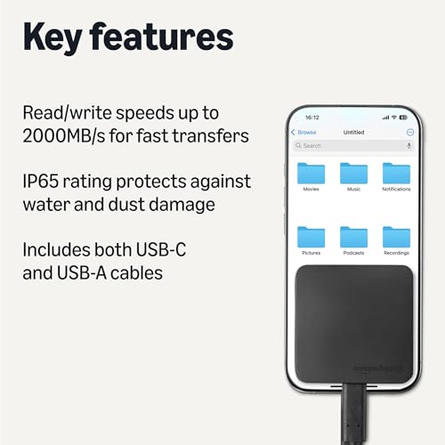 Amazon Basics Portable External SSD, External Solid State Drive 1TB, speeds up to 2000MB/s, USB 3.2 Gen 2, IP65 Water & Dust Resistant, Black