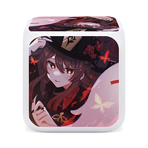 原神【胡桃】目覚まし時計 可愛い デジタル卓上時計 LEDデジタル時計 置き時計 7色ライト変換夜間照明 電子時計 アラームクロック 温度湿度計 カレンダー 乾電池給電 デスクトップの装飾品 8x8x8cm
