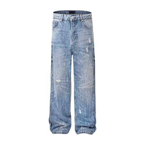 Jeans Pants Trousers Denim Retro Trendy Street Piercing Tear Holes Wash Blue Straight Commuter for Men2