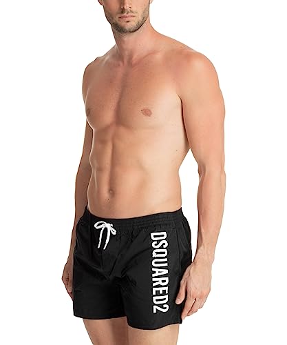 DSQUARED2 Beachwear Uomo Nero Shorts Mare con Stampa Logo Lettering