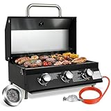 TLSUNNY 3 Brenner Gasgrill Klein, Kompakt Tischgasgrill mit Emaillierter Grillrost, Thermometer, Camping Gasgrill Tragbarer für BBQ, Balkon, Garten, 6.6kW, 60 x 33 cm Grillfläche, 4PCS Füße, Schwarz
