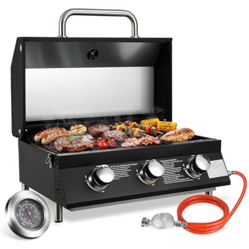 TLSUNNY 3 Brenner Gasgrill Klein, Kompakt Tischgasgrill mit Emaillierter Grillrost, Thermometer, Camping Gasgrill Tragbarer für BBQ, Balkon, Garten, 6.6kW, 60 x 33 cm Grillfläche, 4PCS Füße, Schwarz
