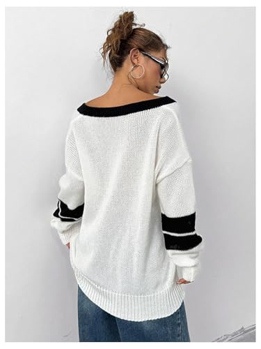 SOLY HUX Women's Oversized Sweater Letter Graphic V Neck Long Sleeve Drop Shoulder Knit Pullover Tops2