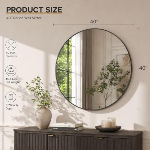 Image of Easly 40 Inch Round Mirror, Black Metal Frame Wall Mirror for Bathroom