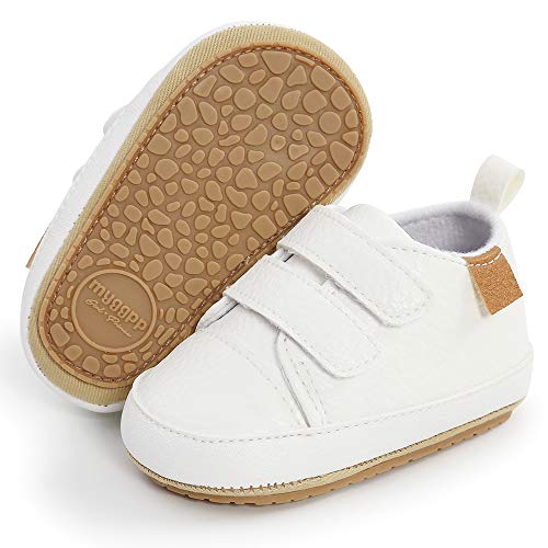 TIMATEGO Infant Baby Boys Girls Sneaker PU Leather Hard Bottom Non Slip Walking Shoes Cartoon Slippers Toddler First Walker Crib Shoes(3-18 Months), 01 White, 3-6 Months Infant