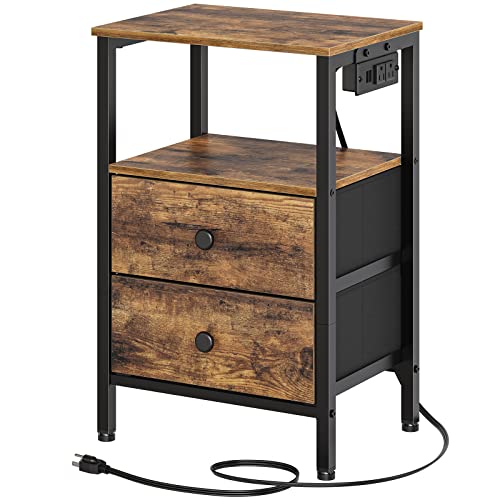 Yatiney Nightstand, End Table With Charging Station And Usb Ports, Industrial Side Tables With 2 Drawers And Storage Shelves, Bedside Tables For Small Spaces, Living Room, Rustic Brown Et02Br #TOP27