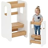 ComfortCove Lernturm ab 1 Jahr, Sicherer & Stabil Tritthocker Kinder, 3-stufig höhenverstellbarer Lernturm für Kinder, Montessori Learning Tower für Kleinkinder, Kinderstuhl Holz, Weiß/Eiche