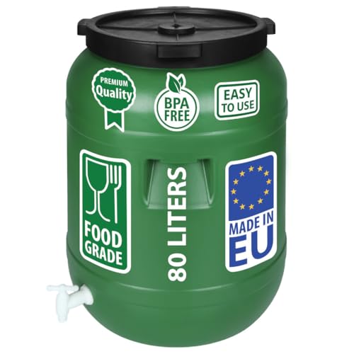 F & R Wasserkanister mit Hahn 80 Liter aus HDPE I I Regentonne mit Deckel I Kanister Hahn I Wasserbehälter mit Hahn I Wassertank I Fass mit Deckel I Regenwassertank Grün