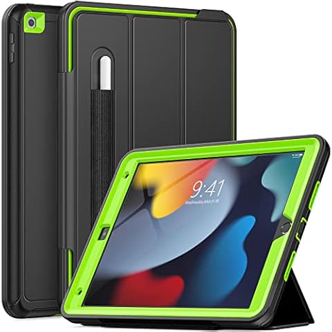 SEYMCY for iPad 10.2 inch Case, iPad 9th/8th/7th Generation Cover, Heavy Duty Shockproof Protective iPad 9/8/7 Case with Pencil Holder/Stand, Auto Sleep Cover for iPad 10.2 2021/2020/2019,Black/Green Cover