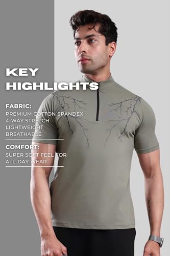 Image of GROW Stylish Gym T Shirts for Men Workout | Cotton and Spandex Quarter Zip Back Printed Collar T Shirts for Men Half Sleeves
