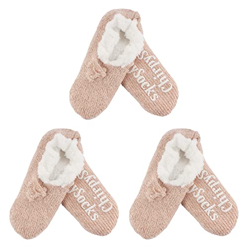 Image of BambooMN Adult Women Super Soft Warm Cozy Fancy Yarn Slippers Non-Slip Lined Socks, Indoor Comfy House Slippers, 3 Pairs