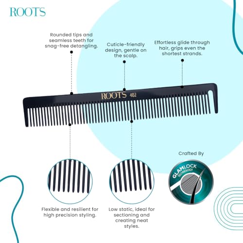 Image of ROOTS - Professional Hair Cutting Comb | Salon Grade - For Men & Women | Ideal for Sectioning & Colouring | Round Teeth prevent Hair & Scalp damage | Length - 7.2 Inch | Model No. 402