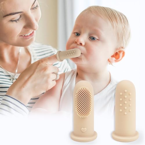 Image of R for Rabbit Tiny Smiles Gummy Finger Toothbrush for Babies | BPA-Free Silicone 2 in 1 Brush & Tongue Cleaner with Storage Case | Oral Care for 0+ Months | Safe & Travel-Friendly (Beige)