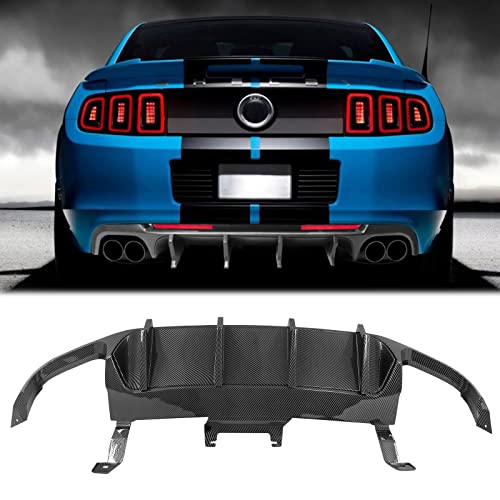 FREEMOTOR802 Compatible with 2013-2014 Ford Mustang Shelby GT500 Rear Diffuser Lip, GT500 Style Carbon Fiber Print PP Rear Bumper Molding Lip Lower Valance Diffuser W/ V4 Style Shark Fin