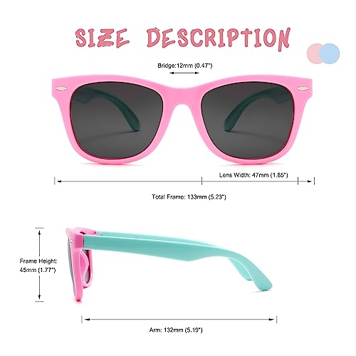 COASION Kids Sunglasses Age 4-12, 2 Pack Girls Boys Polarized TPEE Rubber Flexible Shades Glasses for Big Kids (Pink Green Frame/Grey Lens+Green Pink Frame/Grey Lens) by COASION - Image 4
