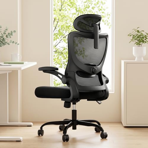Marsail Bürostuhl Ergonomisch Schreibtischstuhl hat Verstellbarer Lordosenstütze Kopfstütze und Armlehne Höhenverstellung und Wippfunktion Schwarz