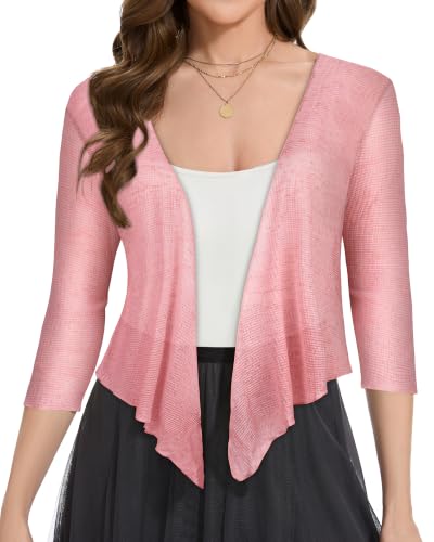 Image of Women Crop Cardigan Sheer Mesh Bolero Shrug for Dress Tie Front 3 /4 Sleeve Tops