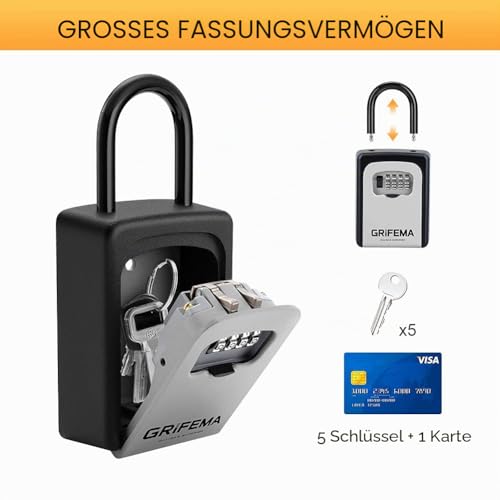 GRIFEMA Schlüsseltresor mit Bügel Wetterfest - Schlüsselsafe 4 Stellig, Schlüsselbox mit Code, Schlüsselkasten mit Zahlencode Robust, Sicher, Schlüsselversteck für Schlüssel Türkarte, Zinklegierung
