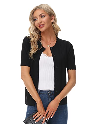 Women Short Sleeve Button Up Cardigans Lightweight Cable Knit Vintage Shrugs Crew Neck Bolero Sweater Black L #TOP6
