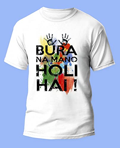 Image of Knitted Polycotton Fabric Regular Fit Men Boys Half Sleeve T-Shirt for Festival of Holi Style 21 White Size : Free