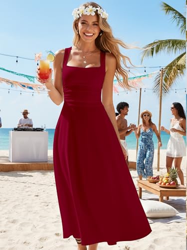 Image of Kaximil Women's Square Neck Corset A Line Maxi Dress Ruffle Ruched Waist Flowy Long Dresses