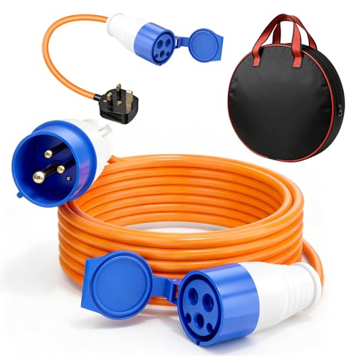 Emwel 10m Caravan Hook Up Cable 240V 16A Camping Extension Lead with 3 Pin Fly Lead Converter and Carrying Bag Power Cord Electric Extension Cable for Motorhomes Campervans