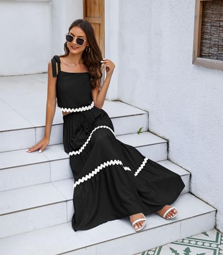 Image of ETOSELL Womens Two Piece Skirt Set 2024 Summer Sets Tie Up Sleeveless Tank Top Maxi Skirt Casual Beach Cruise Vacation Dresses Outfits with Pockets, Small