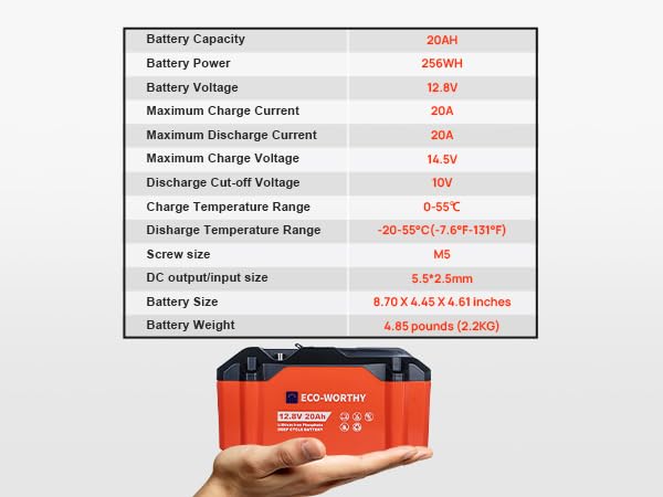 ECO-WORTHY Portable 12V Lithium Battery, 12.8V 20Ah Lithium Iron Phosphate DEEP CYCLE BATTERY, Built-in BMS, 4000+ Cycles, Perfect for Outdoor Camping Fishing RV Marine Trolling Motor Fishfinder
