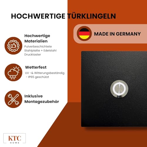 KTC-Home PREMIUM Türklingel Tiefschwarz - LED Drucktaster Weiß - Größe: 10x10cm - RAL 9005- UV & Witterungsbeständig - Pulverbeschichtet