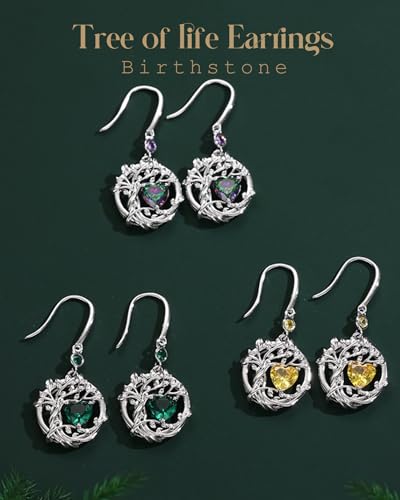 FANCIME Tree of Life Dangle Drop Earrings 925 Sterling Silver Dainty Round Gemstone Birthstone Earring Fine Jewelry Birthday Christmas Gifts for Her Women3