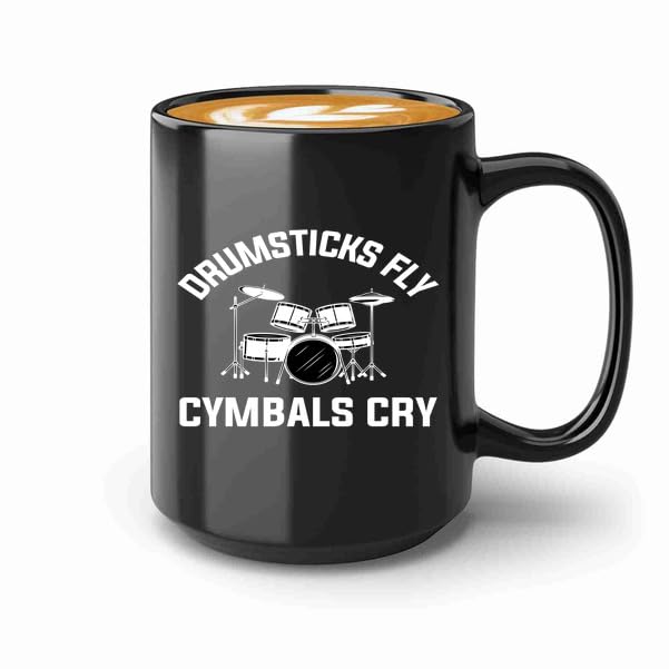 Taza de café para músicos, 15 onzas, negra, con diseño de baquetas y platillos miniatura 1