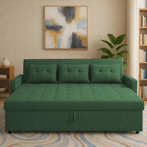 Image of Casaliving Treshta 3 Seater Pull-Out Premium Fabric Sofa Cum Bed Sofa Set for Living Room (Green Fabric Color) Premium Fabric Sofa Set for Living Room Sofa Cum Bed