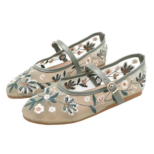 Hee grand Mesh Ballet Flats for Women Floral Embroidered Round Toe Ballerina Shoes Mary Jane Flats