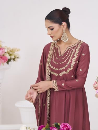 Image of MOKOSH Women's Silk Embroidery Anarkali Kurta Pant with Dupatta | Women's Anarkali Kurta Set | 3 Piece Ethnic Outfit with Dupatta | Round Neck Full Sleeve