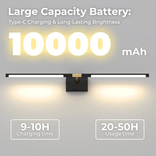 Image of Battery Operated Wall Sconce Set of 2, 10000mAh 4CCT Dimmable, Black | Remote & Touch Control, 4CCT Dimmable, 360 Rotate, Rechargeable Wall Lights for Bedroom Living Room Hallway 31.5inch